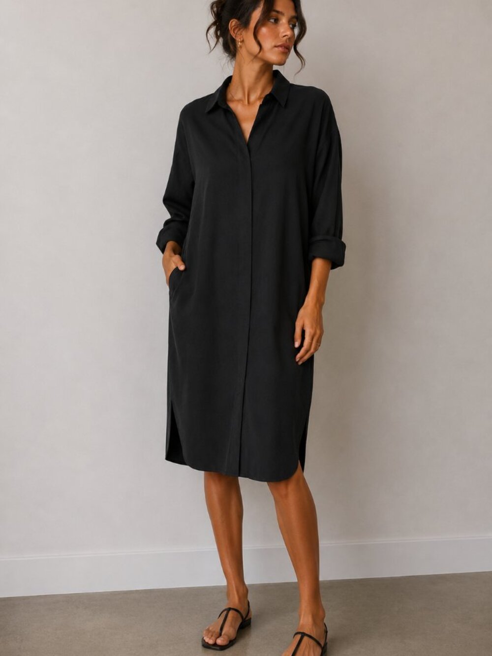 RAILS Long Sleeve Collared Shirt Dress in Black Size Large